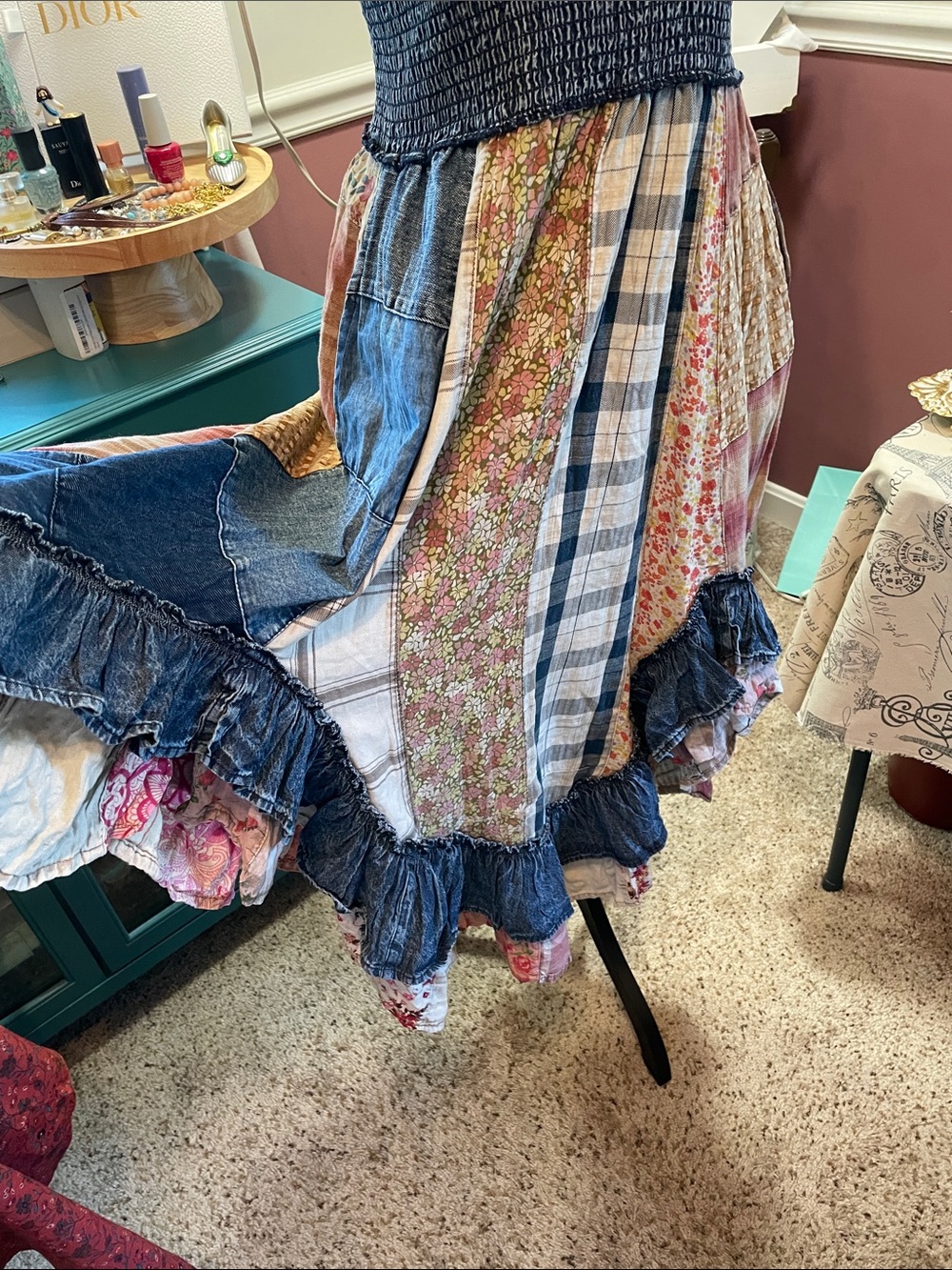 Smocked Denim Bohemian Patchwork Midi Dress in Blue Young Threads - Picture 9 of 17